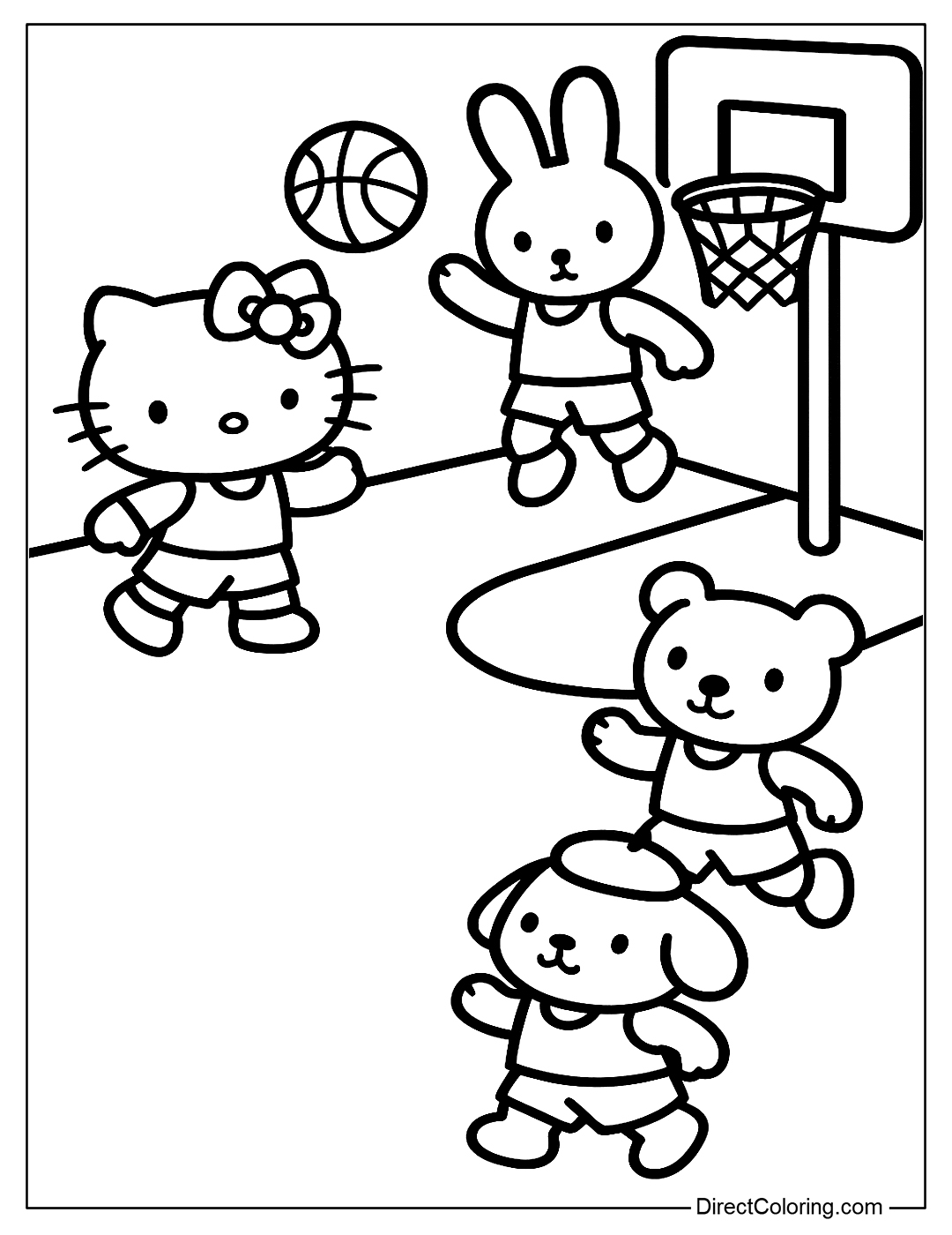 Hello Kitty Playing Basketball with Friends Coloring Sheet
